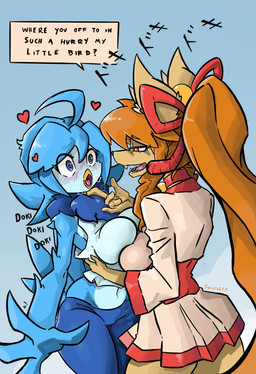 4_fingers 5_fingers accessory ahoge anthro asian_clothing beak bedroom_eyes bell bell_collar big_breasts blue_background blue_body blue_bottomwear blue_clothing blue_eyes blue_feathers blue_hair blue_pants blue_tail_feathers blush blush_lines bottomwear bow_ribbon breast_squish breasts breasts_frottage clothed clothing collar dialogue dialogue_box doki_doki duo ear_tuft east_asian_clothing eye_contact facial_tuft fangs feathers female female/female finger_on_chin fingers fur hair hair_accessory hair_bow hair_ribbon heart_eyes heart_symbol holding_another holding_hips hot_breath japanese_clothing kimono long_hair looking_at_another midriff multicolored_body narrowed_eyes neck_tuft non-mammal_breasts open_mouth orange_body orange_fur orange_hair pants ponytail red_eyes ribbons sash seductive shaking shirt shivering short_hair simple_background sleeveless_shirt snout sparkles sparkling_eyes squish standing tail tail_feathers talking_to_another talking_to_partner tank_top teeth teeth_showing text thick_thighs three-quarter_view tongue topwear tuft two_tone_body white_clothing wide_eyed wide_hips winged_arms wings snoutless undertale undertale_(series) undertale_yellow ceroba_ketsukane martlet_(undertale_yellow) avian canid canine fox mammal 2025 absurd_res artist_name digital_drawing_(artwork) digital_media_(artwork) english_text hi_res japanese_text