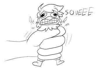 ambiguous_gender anthro bodily_fluids boots clenched_teeth clothing derp_eyes disembodied_hand duo eyelashes feathers footwear hair holding_another onomatopoeia shoes sound_effects squeezing sweat sweatdrop teeth text claire_deloon undertale_yellow martlet_(undertale_yellow) avian bird 2024 4:3 black_and_white digital_drawing_(artwork) digital_media_(artwork) english_description hi_res monochrome female_(lore)