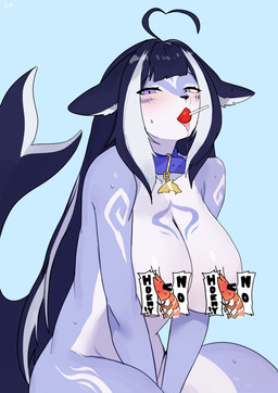 anthro biped blush breasts countershade_torso countershading female front_view hair looking_at_viewer nude nude_anthro nude_female simple_background solo tail tongue buta99 aquatic cetacean dolphin mammal oceanic_dolphin orca toothed_whale 2026 absurd_res digital_drawing_(artwork) digital_media_(artwork) hi_res