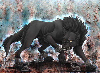 abstract_background angry animal_genitalia bared_teeth bite black_body black_fur bound chain chained cuff_(restraint) detailed_background feral fur genitals iron_cuffs looking_at_viewer male metal_cuffs restrained restraints ribs shackles sheath skinny solo yellow_eyes idess canid canine canis mammal wolf watermark