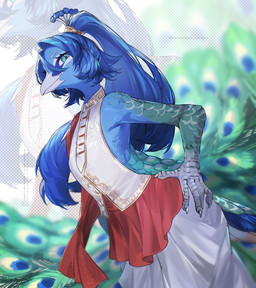 accessory anthro beak blue_body blue_eyes blue_feathers blue_hair clothed clothed_anthro clothing crossdressing feathers femboy fully_clothed fully_clothed_anthro hair hair_accessory long_hair long_tail looking_at_viewer male peacock_feather scuted_hands scutes sleeveless_clothing solo tail tail_feathers kawarage_yatano avian bird galliform peafowl phasianid hi_res