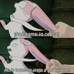 blue_eyes blue_inner_ear bow_(anatomy) duo ear_grab female feral fur grabbing_both_ears leg_markings markings multicolored_body multicolored_fur pink_body pink_ears pink_fur ribbons_(anatomy) socks_(marking) text two_tone_body two_tone_fur white_body white_fur joshuas cora_(joshuas) draw_over hi_res meme spanish_text