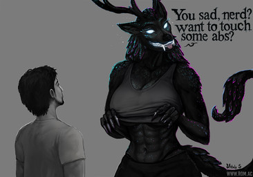 abs anthro antlers big_breasts bioluminescence black_body black_fur breasts claws clothed clothing clothing_lift duo fangs female fur glowing glowing_eyes glowing_teeth head_tilt horn humor long_tail male muscular muscular_female nerd pointy_ears sharp_teeth simple_background smile sparkles speech_bubble stubble tail teeth tongue tongue_out lenika vitaly_s_alexius american_mythology boobs?_wanna_touch_boobs? indigenous_north_american_mythology mythology north_american_mythology stupid_sexy_cryptids ashcroft_"ash"_julian_clifford starshade cryptid human humanoid mammal omnid wendigo 3d_(artwork) digital_media_(artwork) hi_res meme