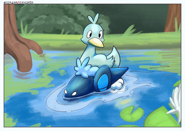 algae ambiguous_gender border duo eyes_closed feral flower lily_(flower) lily_pad partially_submerged plant pond reflection riding_on_head tree water white_border screamoshaymin nintendo pokemon ducklett frogadier generation_5_pokemon generation_6_pokemon pokemon_(species) hi_res