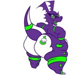 anthro big_butt butt fangs green_body green_eyes green_skin green_tongue grey_eyes male markings purple_body purple_skin ring_(marking) simple_background skull_(marking) solo spots teeth thick_thighs tongue white_background white_body white_skin bandai_namco digimon nox_(kaithedumbass02) digimon_(species) guilmon 1:1