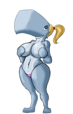 anthro big_breasts blonde_hair blue_eyes breasts clothed clothing female hair looking_at_viewer navel ponytail simple_background smile solo thick_thighs topless white_background unknown_artist nickelodeon spongebob_squarepants pearl_krabs aquatic cetacean mammal physeteroid sperm_whale toothed_whale whale hi_res
