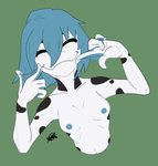 anthro blue_hair blue_nipples breasts eyes_closed female finger_on_cheeks hair happy membrane_(anatomy) navel nipples nude pale_skin short_hair small_breasts smile solo spots webbed_hands white_body novacantnames aria_whittemore amazon_milk_frog amphibian frog tree_frog