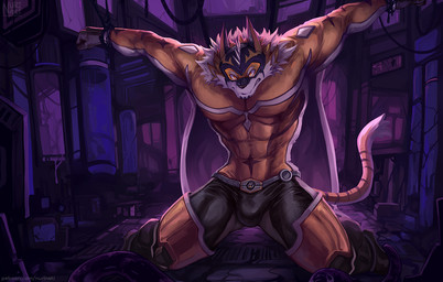 anthro bdsm captured clothing fur male mask muscular muscular_anthro muscular_male pecs solo spandex striped_body striped_fur stripes superhero tight_clothing nurinaki lifewonders live_a_hero ryekie_(live_a_hero) felid mammal pantherine tiger 2022
