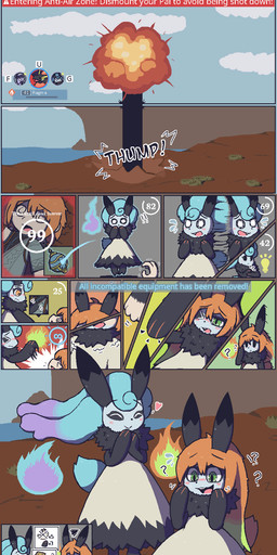 ambiguous_gender anthro blue_hair blush blush_lines duo floating game_ui green_eyes hair hand_on_face hands_together male orange_eyes orange_hair transformation transformation_sequence oagoner palworld pocketpair nitemary_(pal) pal_(species) aliasing alternate_version_at_source comic digital_media_(artwork) hi_res
