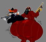 anthro big_butt black_bottomwear black_clothing black_eyewear black_hair black_hat black_headwear black_nose black_pants black_suit black_sunglasses black_topwear bottomwear brown_body brown_bottomwear brown_clothing brown_ears brown_fur brown_hat brown_headwear brown_pants brown_suit brown_topwear butt cigar cigar_in_mouth clenched_teeth clothing crouching duo eyewear fangs fur gloves grey_background hair half-closed_eyes handwear hat headgear headwear holding_object holding_ranged_weapon holding_weapon huge_butt hyper hyper_butt looking_back mafia male multicolored_body multicolored_bottomwear multicolored_clothing multicolored_fur multicolored_suit multicolored_topwear muscular muscular_anthro muscular_male narrowed_eyes object_in_mouth on_another on_butt orange_body orange_fur orange_hair orange_tail pants pose ranged_weapon rear_view sharp_teeth simple_background smoke smoking smoking_cigar standing suit sunglasses tail teeth thick_thighs topwear two_tone_body two_tone_bottomwear two_tone_clothing two_tone_fur two_tone_hat two_tone_pants two_tone_suit two_tone_tail two_tone_topwear weapon white_body white_clothing white_fur white_gloves white_handwear white_tail jacky-arts superiorfox soups_(superiorfox) venus_(jacky_arts) canid canine canis domestic_dog fox mammal red_fox true_fox 2025 artist_collaboration digital_media_(artwork)