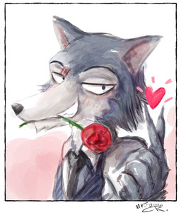 anthro bedroom_eyes flirting flower flower_in_mouth looking_at_viewer male narrowed_eyes plant rose_(flower) rose_in_mouth seducing_viewer seductive solo mr.foxman beastars legoshi_(beastars) canid canine canis mammal wolf absurd_res hi_res
