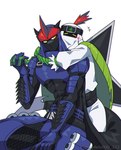 abs anthro blush clothing crop_top duo fishnet_clothing fishnet_legwear hug legwear male male/male mask ninja ranged_weapon shirt shuriken topwear veil warrior weapon yellow_eyes confeito000_333 bandai_namco digimon digimon_(species) fumamon scalie shurimon hi_res