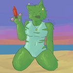 beach clothing female food fur green_body green_fur one-piece_swimsuit popsicle sitting solo swimwear palister35 regretevator gnarpy felid feline gnarpian mammal 1:1 colored digital_drawing_(artwork) digital_media_(artwork) hi_res