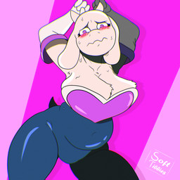 anthro belly blush bodily_fluids female fur horn navel rouge_costume solo sweat thick_thighs white_body white_fur softtibbies undertale_(series) toriel bovid caprine goat mammal 1:1 absurd_res hi_res