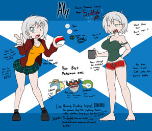 5_fingers ambiguous_gender anthro barefoot beard beverage blue_background blue_body blue_eyes bottomwear breasts casual_exposure checkered checkered_bottomwear checkered_clothing checkered_skirt clothed clothing coffee_mug container cup facial_hair feet female fingers footwear green_hair grey_eyes grey_hair group hair half-closed_eyes hat headgear headwear holding_beverage holding_object horn jacket male medium_breasts mug narrowed_eyes open_clothing open_jacket open_mouth open_topwear pattern_bottomwear pattern_clothing pattern_skirt pokeball pseudo_helmet red_eyes scarf scottish scottish_flag sharp_teeth shirt shoes short_hair shorts simple_background skirt standing tank_top teeth text tired topwear sandwich-anomaly nintendo pokemon ally_(sandwich-anomaly) gardevoir generation_3_pokemon generation_8_pokemon human humanoid inteleon mammal perrserker pokemon_(species) model_sheet