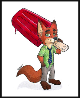 anthro barefoot black_border border bottomwear chibi clothing countershading dessert feet food green_eyes holding_food holding_ice_cream holding_object ice ice_cream male necktie pants simple_background solo standing white_background danwolf15 disney zootopia nick_wilde canid canine fox mammal red_fox true_fox hi_res