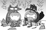 annoyed anthro duo feathers genitals holidays humor jack-o'-lantern knife looking_at_another male penis plant pumpkin_carving sitting smile tree wings miikesobi halloween avian bat bird corvid corvus_(genus) crow mammal oscine passerine absurd_res hi_res monochrome