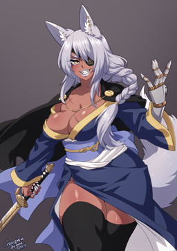 asian_clothing biped braided_hair breasts clothed clothing ear_piercing ear_ring east_asian_clothing eye_patch eyebrows eyewear female hair holding_melee_weapon holding_object holding_sword holding_weapon inner_ear_fluff japanese_clothing melee_weapon piercing prosthetic prosthetic_arm prosthetic_limb ring_piercing smile solo sword tail tuft weapon crescentia_fortuna yamane_tetsuka animal_humanoid canid canid_humanoid canine canine_humanoid fox_humanoid humanoid mammal mammal_humanoid tailed_humanoid hi_res