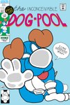 blep blue_clothing breaking_the_fourth_wall clothing comic_book comic_cover_page parody pressed_on_window spandex spandex_suit speech_bubble tight_clothing tongue tongue_out toony doodledoggy dog-pool doodle_(doodledoggy) toonkind absurd_res hi_res