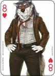 2018 anthro antlers ball belt bottomwear canid canine canis card card_template clothed clothing copyright_symbol digital_media_(artwork) eight_of_hearts english_text fonyaa fur hair heart_symbol hearts_(suit) horn jacket male mammal muscular muscular_anthro muscular_male necktie opa_wulfen pants playing_card playing_card_template professor scar shirt simple_background smile solo standing symbol text topwear white_body white_fur wolf