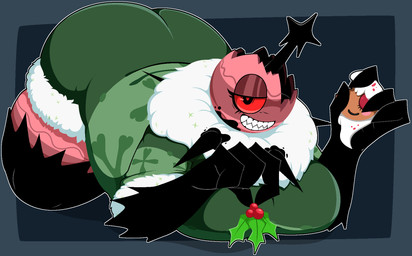 accidental_holly ass_up big_breasts big_butt black_body black_eyes blue_background breasts butt clothed clothing eyelashes female for_a_head front_view green_clothing grey_background holding_holly holly_(plant) huge_breasts huge_butt looking_at_viewer lying on_front pink_body plant red_sclera sharp_teeth simple_background smile solo teeth thick_thighs wide_hips thenarrator34 blushcrunch_studio dandy's_world bobette_(dandy's_world) twisted_bobette_(dandy's_world) humanoid object_head toon_(dandy's_world) hi_res