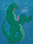 anthro bodily_fluids bubble cum cum_in_water ejaculation feral fully_submerged genital_fluids male masturbation orgasm partially_submerged solo spray tail underwater water rathkin godzilla_(series) toho godzilla kaiju 3:4 hi_res