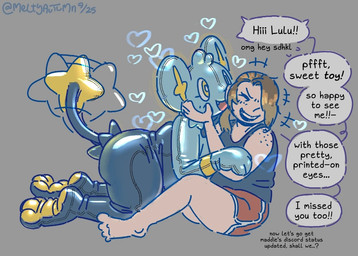 all_fours ambiguous_gender anthro bottomwear brown_hair clothing dialogue duo female freckled_shoulders freckles grey_background hair headgear headwear heart_symbol keysmash_text latex latex_clothing latex_headwear latex_skinsuit laugh mental_transformation motion_lines paws plural shorts simple_background sitting skinsuit smile speech_bubble tail tail_motion tailwag text tight_clothing meltyautumn nintendo pokemon animate_inanimate felid generation_4_pokemon human humanoid mammal pokemon_(species) shinx english_text trans_(lore) trans_woman_(lore)