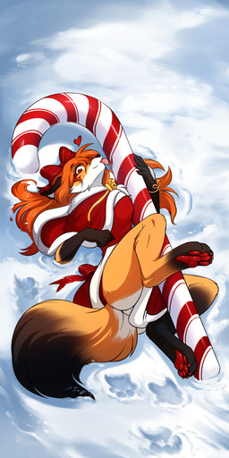 accessory anthro bell blep bow_ribbon breasts butt candy candy_cane centered_hair_bow christmas_clothing clothing dessert digitigrade dipstick_tail eyebrows eyelashes feet female food footprint fur gloves_(marking) hair hair_accessory hair_bow hair_ribbon heart_symbol holidays leg_markings looking_at_viewer lying markings merry_christmas on_back orange_body orange_fur orange_hair paintbrush_tail pawpads pawprint red_eyes ribbons snow socks_(marking) solo tail tail_markings tongue tongue_out white_body white_fur conditional_dnp tom_fischbach christmas twokinds vanity_(twokinds) canid canine fox keidran mammal 2025 absurd_res digital_drawing_(artwork) digital_media_(artwork) hi_res