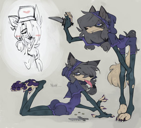 4_toes anthro arm_warmers armwear bangs bedroom_eyes biped black_ear_tips blue_eyes blush bodily_fluids butt claws clothed clothed_anthro clothed_female clothing coin colored_nails dagger dipstick_ears dirty drooling duo ear_markings eyebrows eyelashes fangs feet female female_anthro finger_claws fluffy fluffy_tail footwear freckled_face freckles front_view fully_clothed fully_clothed_anthro fully_clothed_female fur grey_body grey_ears grey_fur grey_hair grey_inner_ear_fluff hair hair_over_eye happy heart_symbol holding_dagger holding_melee_weapon holding_object holding_weapon hoodie inner_ear_fluff leaning leaning_forward leg_warmers legwear long_bangs long_hair looking_at_viewer looking_back looking_back_at_viewer lying markings melee_weapon multicolored_ears multiple_poses nails narrowed_eyes on_front one_eye_obstructed open_mouth pawpads paws plantigrade pose purple_clothing purple_nails purple_pawpads purple_topwear rear_view saliva seductive slim_anthro slim_female smile smiling_at_viewer snout soles spread_toes tail tailless teeth text thief tied_hair toe_claws toeless_footwear toes tongue tongue_out topwear tuft weapon fdipper2 oriana_thaffer canid canine canis mammal wolf 2026 absurd_res colored detailed digital_drawing_(artwork) digital_media_(artwork) full-length_portrait hi_res portrait shaded sketch