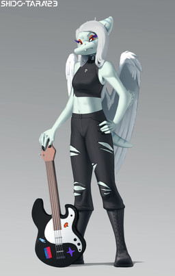anthro bass_guitar clothed clothed_anthro clothed_female clothing crop_top dark_clothing eyelashes female female_anthro guitar hand_on_hip looking_at_viewer midriff musical_instrument navel orange_eyes pale_body plucked_string_instrument shirt simple_background solo standing string_instrument topwear wings conditional_dnp shido-tara goodbye_volcano_high ko_op_(game_developer) fang_(gvh) prehistoric_species pterosaur reptile scalie 2023 absurd_res digital_media_(artwork) hi_res