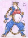 anthro belly biceps big_belly biped bottomwear buckle claws clothed clothing denim denim_bottomwear denim_clothing female fur jacket jeans muscular muscular_anthro muscular_female navel pants pregnant pregnant_anthro pregnant_female shirt solo spots standing tank_top toe_claws topwear torn_clothing vein whiskers white_body white_fur yellow_body yellow_eyes yellow_fur leovictor bloody_roar konami shina_(bloody_roar) felid leopard mammal pantherine