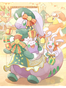 alternative_fashion ambiguous_gender anthro bell christmas_clothing christmas_decorations christmas_lights christmas_present christmas_tree classic_lolita clothing eyewear front_view gift gloves goggles green_body green_eyes group handwear holding_object holidays holowear_(pokemon) j-fashion lolita_(fashion) plant purple_body scarf standing text tree white_sclera yellow_body knhb christmas nintendo pokemon pokemon_unite holiday_style_goodra dragonite flygon generation_1_pokemon generation_3_pokemon generation_6_pokemon goodra goomy pokemon_(species) sliggoo 3:4 english_text hi_res letterbox