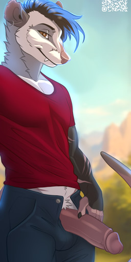 anthro arm_scar black_claws black_hair blue_hair bottomwear brown_eyes claws clothed clothing collarbone ear_piercing erection fangs fur genitals grey_body grey_fur hair holding_own_penis holding_penis humanoid_genitalia humanoid_penis looking_at_viewer male multicolored_hair open_bottomwear open_clothing open_pants outside pants penis piercing pink_nose red_clothing red_shirt red_topwear scar shirt short_hair snout solo teeth topwear two_tone_hair fleki american_opossum mammal marsupial virginia_opossum colored digital_drawing_(artwork) digital_media_(artwork) hi_res shaded