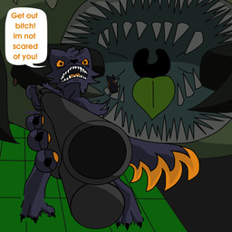 aiming_weapon ambiguous_gender anthro black_body black_fur claws corpse dipstick_tail duo feral fur green_tongue gun head_impalement impalement jagged_teeth looking_at_viewer male markings open_mouth ranged_weapon scared shotgun silhouetted_lighting size_difference speech_bubble tail tail_markings tongue tusks uvula weapon toiletdestroyer casualties:_unknown alien canid canine elder_thornback_(casualities:_unknown) expie_(gunsawian) gunsawian mammal thornback_(casualities:_unknown) 1:1 hi_res