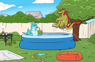 anthro blue_body bottomwear clothed clothing coconut drinking drupe_(fruit) duo eyewear food fruit green_body hair horn jumping male outside plant poolside red_hair shorts shrub sunglasses tail topless tree water cleiarkent mythology dragon mythological_creature mythological_scalie scalie absurd_res hi_res