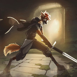 action_pose anthro arm_tattoo aviator_glasses black_bottomwear black_cape black_clothing black_pants black_shirt black_topwear bottomwear cape clothing dungeon eyewear glasses hair holding_melee_weapon holding_object holding_sword holding_weapon leg_tattoo male melee_weapon pants pose red_hair shirt sunglasses sword tattoo topwear vassago_cobre_(indigobx) weapon indigobx canid canine mammal maned_wolf hi_res