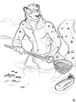 anthro boat bulge closed_smile clothed clothing gentle_giant hair holding_object macro male male_anthro markings mouth_closed outside partially_submerged short_hair smile solo spots spotted_arms spotted_markings spotted_tail standing tail tail_markings topless vehicle watercraft solaxe_(artist) aussie_luvtail felid mammal monochrome sketch