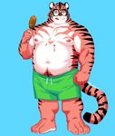 anthro belly blue_background bottomwear clothing eyewear food glasses male moobs navel nipples overweight overweight_anthro overweight_male shorts simple_background solo tongue tongue_out nunudodo felid mammal pantherine tiger 2020 absurd_res hi_res