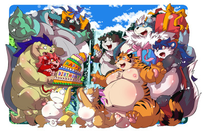 4_fingers anthro areola ball_size_difference balls belly big_balls big_belly big_hands big_moobs big_tail birthday birthday_cake black_body black_eyes black_fur black_markings black_nose black_stripes black_tail blue_body blue_eyes blue_fur blue_hair blush border bow_ribbon butt cake candle cheek_tuft chest_tuft chibi cloud cute_fangs deep_navel dessert detailed_background eyes_closed facial_markings facial_tuft fangs fingers fluffy fluffy_tail food foreskin forest forest_background frown fur genitals gift gift_wrapped glans green_body green_eyes grey_body grey_fur group group_nudity hair happy_birthday head_markings head_tuft holding_cake holding_food holding_gift holding_object huge_belly humanoid_genitalia humanoid_penis light long_ears male markings mask_(marking) moobs multicolored_body multicolored_fur multicolored_penis nature nature_background navel nipples nude open_mouth open_smile orange_body orange_eyes orange_fur orange_hair orange_tail outside overweight overweight_anthro overweight_male partially_retracted_foreskin pawpads penis pink_areola pink_foreskin pink_glans pink_nipples pink_pawpads plant red_body red_fur red_hair sharp_teeth sitting sky skyscape slightly_chubby slightly_chubby_anthro slightly_chubby_male smile standing striped_body striped_fur striped_markings striped_tail stripes struggling tail tail_markings teeth text thick_thighs tree tuft two_tone_body two_tone_fur two_tone_penis two_tone_tail waterfall white_balls white_body white_border white_fur white_hair white_penis white_sclera white_tail wide_eyed wide_hips yellow_body yellow_fur young young_anthro young_male chibineco rados_vein_(judenight) alligator alligatorid ambiguous_species bear canid canine canis crocodile crocodilian domestic_dog felid feline felis mammal pantherine reptile scalie tiger ursine 2025 absurd_res colored digital_drawing_(artwork) digital_media_(artwork) english_text flat_colors hi_res lighting shaded