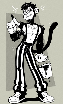 brush bucket clothed clothing container footwear gloves grin handwear male paintbrush shoes smile solo suspenders topless malyrn haplorhine inkblot mammal monkey primate hi_res