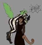 alternate_species anthro black_body black_clothing black_dress black_fur black_hair black_nose black_pawpads brown_body brown_fur carrying_another censor_bar clothed clothing dress duo feet female fully_clothed fur furrification gesture grawlixes green_body green_fur green_hair grey_background hair hand_gesture ineffective_censorship male middle_finger pattern_clothing pattern_suit pawpads pointy_speech_bubble raised_tail shoulder_carry simple_background speech_bubble striped_clothing striped_suit stripes suit tail whiskers white_body white_fur chorny_vasiliok beetlejuice beetlejuice_(character) lydia_deetz cougar felid feline hyena mammal striped_hyena 2024 censored digital_drawing_(artwork) digital_media_(artwork) flat_colors