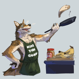 5_fingers anthro apron banana claws clothing cookware countershade_face countershade_fur countershade_torso countershading fingers food fruit frying_pan fur kiss_the_cook kitchen_utensils male open_mouth peanut_butter plant solo tail text text_on_apron text_on_clothing tools babanasaur djano_(djano) canid canine canis mammal wolf absurd_res english_text hi_res