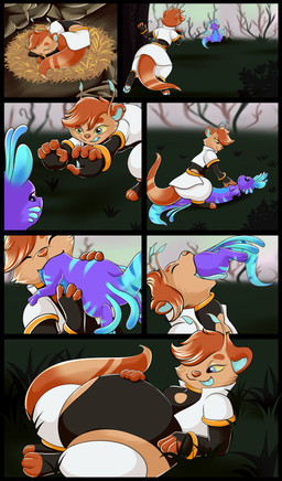 ambiguous_gender antennae_(anatomy) anthro anthro_pred anthro_prey back_tentacles biped blue_body blue_markings dipstick_tail dipstick_tentacles duo female female_pred markings oral_vore purple_body same_size_vore semi-anthro striped_markings stripes tail tail_markings tentacles vore whiskers mous69 rain_world videocult prisina yoku_(gyrotech) mammal mustelid otter slugcat absurd_res comic hi_res