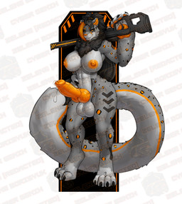 anthro areola balls big_balls big_breasts big_hands big_penis black_hair bodily_fluids breasts chest_tuft chevron_(marking) erection fangs feet fluffy fluffy_tail fur genital_fluids genitals grey_body grey_breasts grey_fur gun gynomorph hair huge_penis intersex knot knotted_penis leaking_precum lightning_bolt_marking long_tail markings nipples orange_areola orange_hair orange_insides orange_knot orange_nipples orange_pawpads orange_penis pawpads penis precum ranged_weapon solo spots tail teeth toes tuft weapon seraziel felid leopard mammal pantherine 2026 hi_res watermark