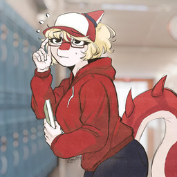 alternate_costume anthro baseball_cap big_breasts black_bottomwear black_clothing black_pants blonde_hair blurred_background bodily_fluids bone_frill book bottomwear breasts clothed clothed_anthro clothed_female clothing detailed_background eyebrow_through_hair eyebrows eyewear female female_anthro fingers frill_(anatomy) glasses hair hallway hat head_turned headgear headwear holding_book holding_object hoodie humanoid_hands inside long_hair looking_at_viewer nerd nervous non-mammal_breasts pants rectangular_glasses red_body red_clothing red_hoodie red_topwear school side_view solo spiked_tail spikes spikes_(anatomy) standing sweat sweatdrop tail text topwear translucent translucent_hair white_body emjay_(artist) cavemanon_studios i_wani_hug_that_gator mia_moretti dinosaur hadrosaurid ornithischian ornithopod parasaurolophus prehistoric_species reptile scalie 1:1 absurd_res artist_name colored half-length_portrait hi_res portrait shaded