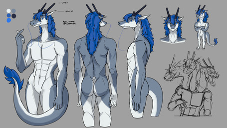 3_heads abs anthro blue_eyes blue_hair chibi hair male multi_head muscular solo tail whiskers litehase mythology lite_(litehase) dragon eastern_dragon mythological_creature mythological_scalie scalie hi_res model_sheet sketch maleherm_(lore)