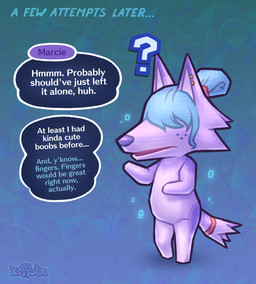 after_transformation ambiguous_gender anthro biped blue_hair dialogue featureless_crotch freckles fur hair hair_over_eyes logo nude_anthro purple_body purple_fur solo standing tail text keffotin animal_crossing mythology nintendo marcie_(keffotin) canid canine mammal mythological_canine mythological_creature werecanid werecanine werecreature werewolf 2024 artist_logo artist_name character_name digital_drawing_(artwork) digital_media_(artwork) english_text trans_(lore) trans_woman_(lore)