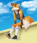 anthro blue_eyes breasts brown_hair clothing cloud female footwear fur hair jewelry looking_away medium_hair necklace orange_body orange_fur shirt shoes sitting sky small_breasts socks solo tank_top topwear white_body white_fur arnius canid canine fox mammal hi_res