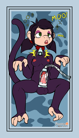 balls blue_border border breasts collar cowbell genitals gynomorph hypnosis intersex intersex/intersex mind_control nipples nude penile penis penis_milking solo tail text arashidrgn hypnovember hypnovember2025 haplorhine mammal monkey primate 2025 absurd_res hi_res