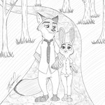 anthro duo female male male/female hatakeclarissarts disney inktober zootopia judy_hopps nick_wilde canid canine fox lagomorph leporid mammal rabbit red_fox true_fox 1:1 monochrome